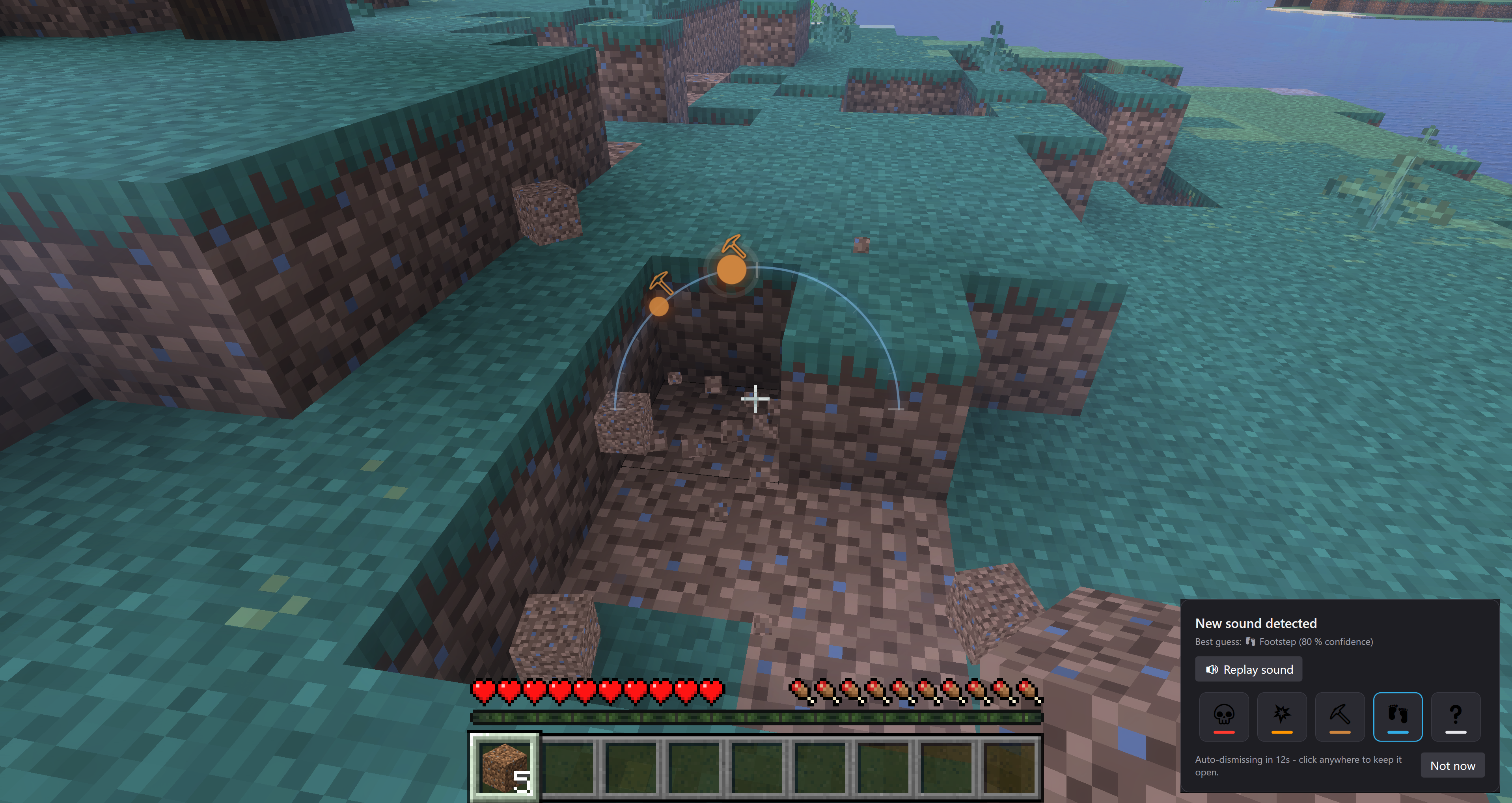 Axolume overlay shown in-game, detecting and visualising a block-break sound with direction indicator
